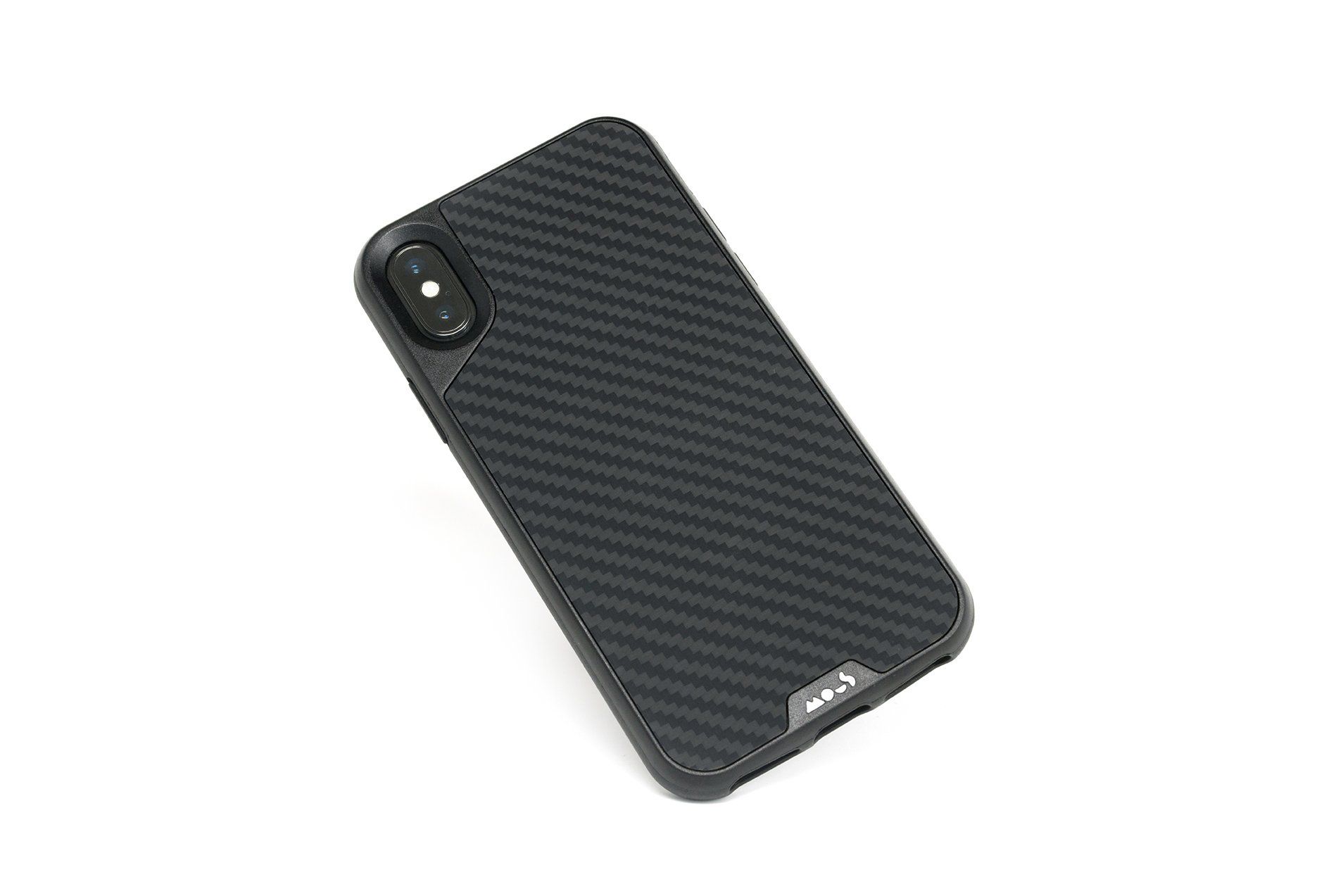 A black cell phone with a carbon fiber case on a white background.