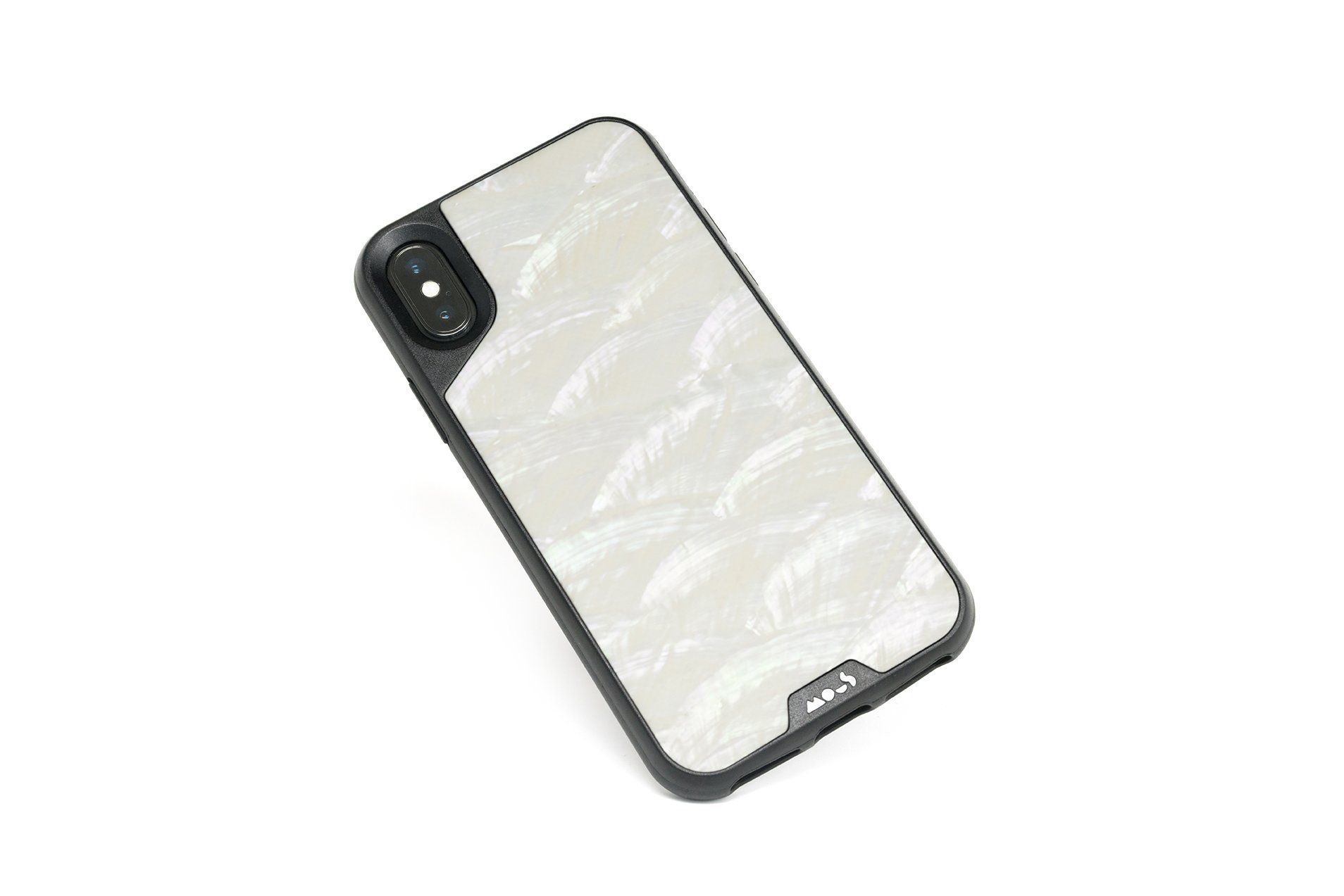 A cell phone with a mother of pear case on it.