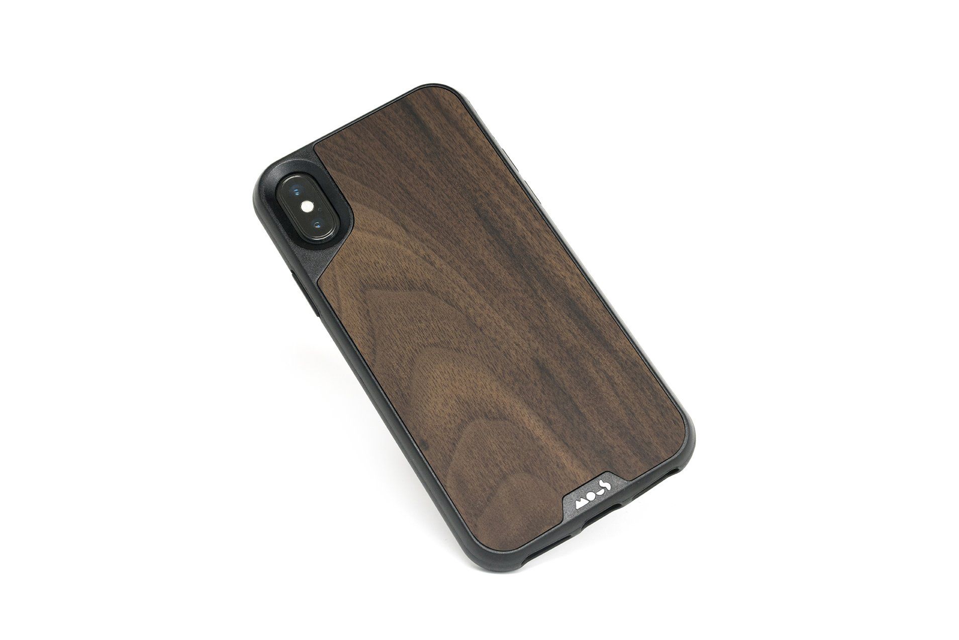 A cell phone with a wooden case on it.