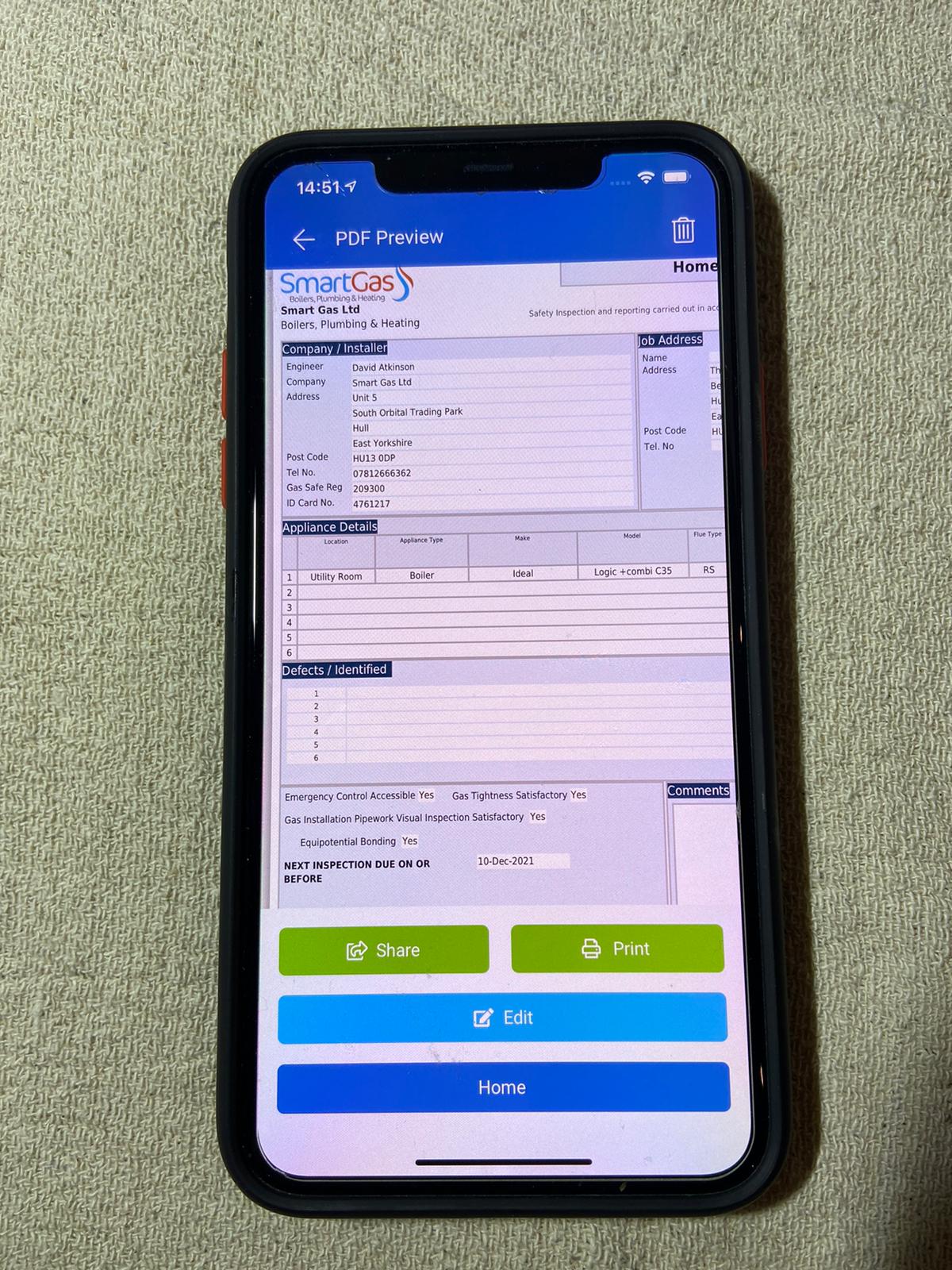 screen shot of the SmartGas boiler servicing app