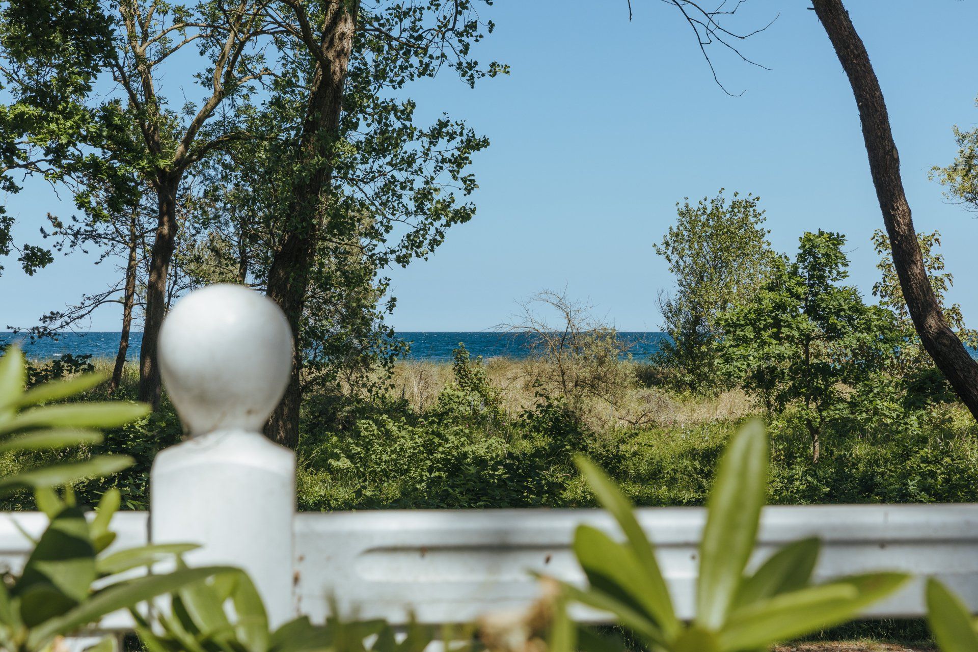 Ein weißer Zaunpfahl mit Blick auf das Meer und Bäume im Hintergrund.