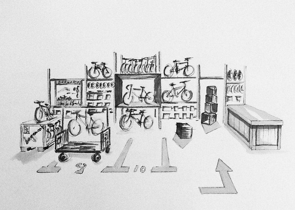 Eine schwarz-weiße Zeichnung eines Fahrradladens