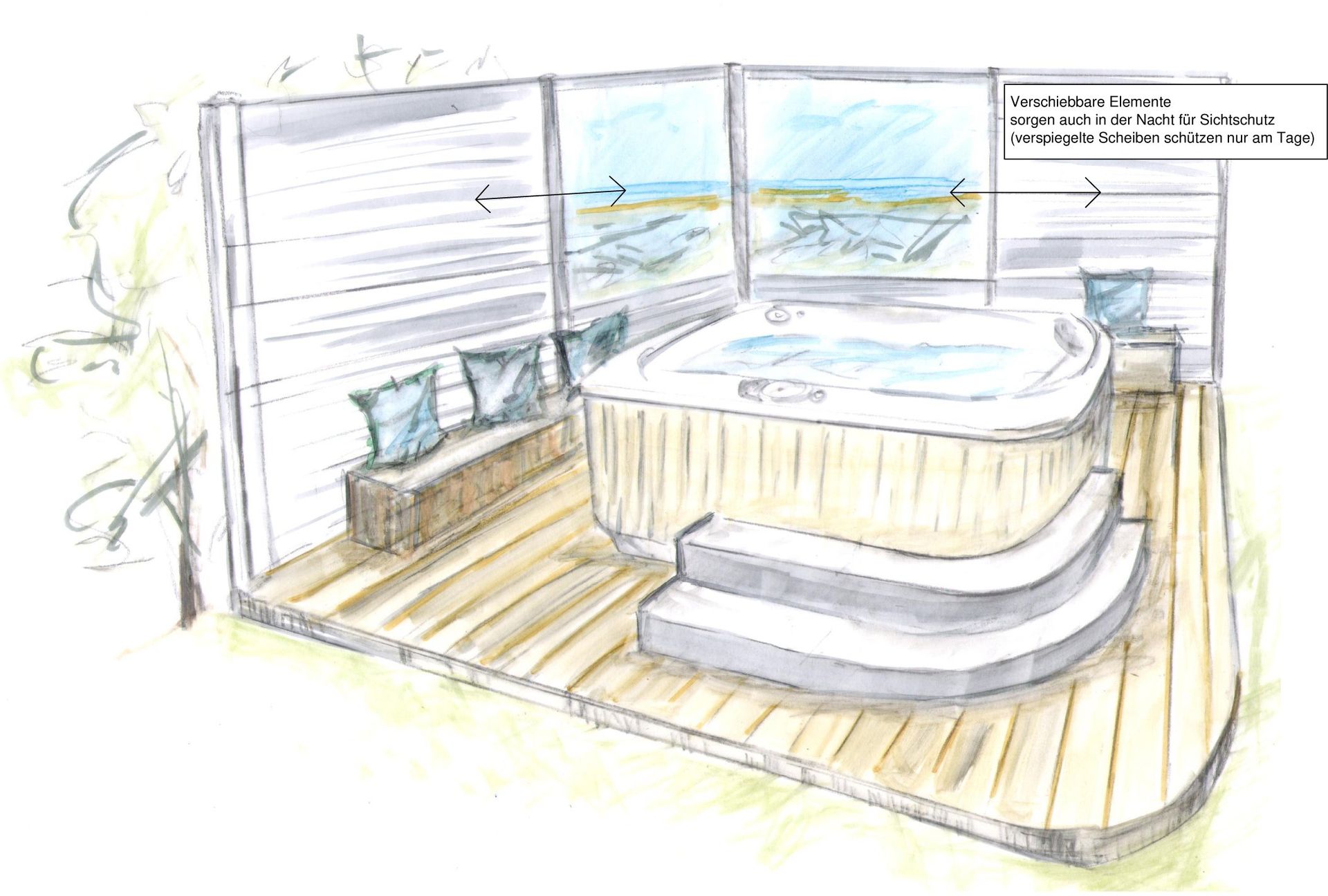 Eine Zeichnung eines Whirlpools in einem Zimmer mit Blick aufs Meer.