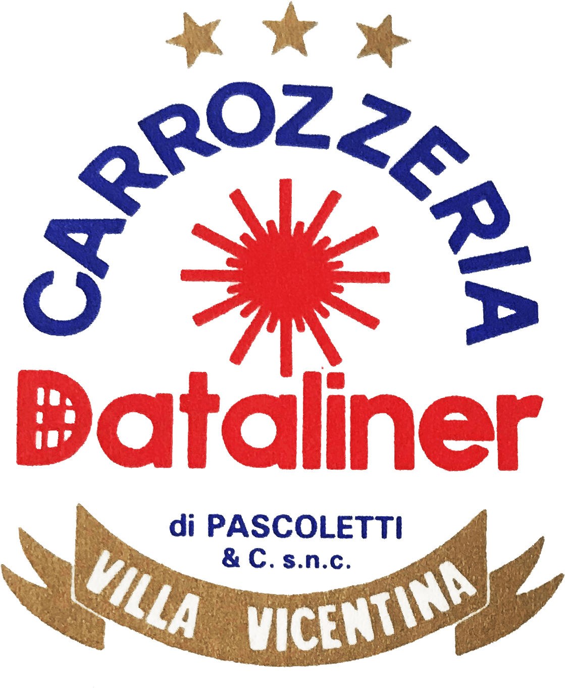 Logo della Carrozzeria Dataliner con testo e stelle blu, rossi e dorati, Villa Vicentina