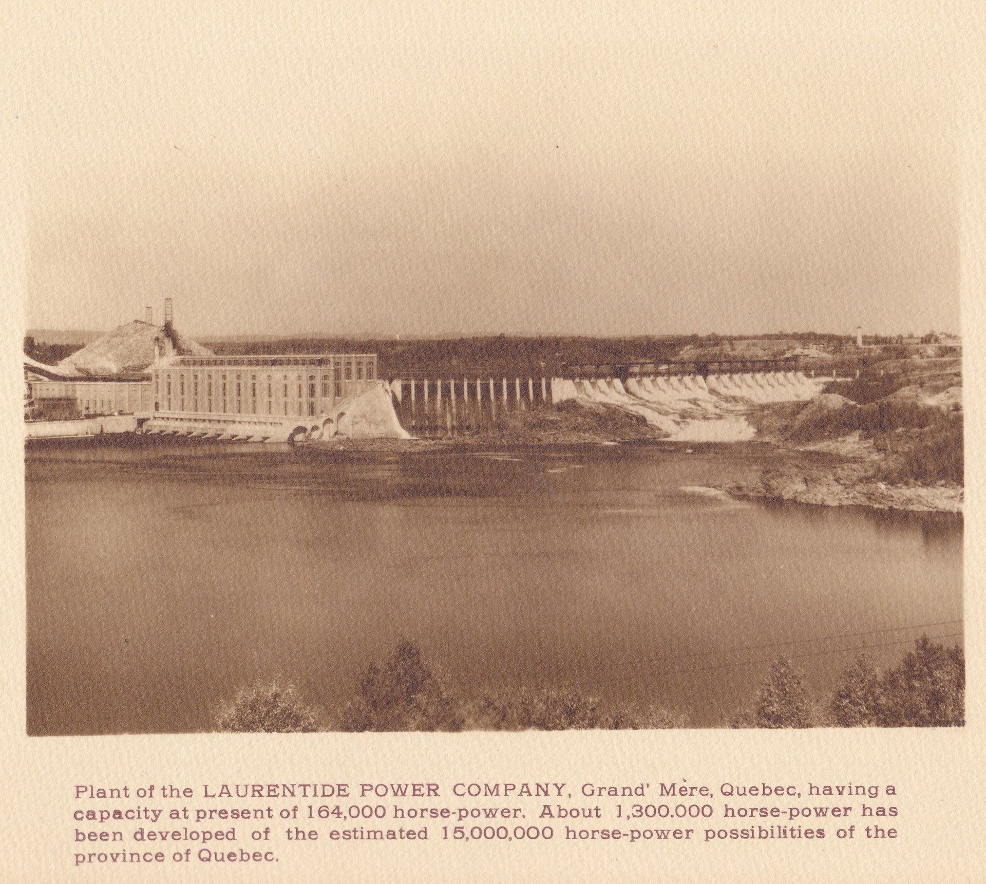 Plant of the LAURENTIDE POWER COMPANY, Grand' Mère, Quebec, having a capacity at present of 164,000 horse-power. About 1,300,000 horse-power has been developed of the estimated 15,000,000 horse-power possibilities of the province of Quebec.