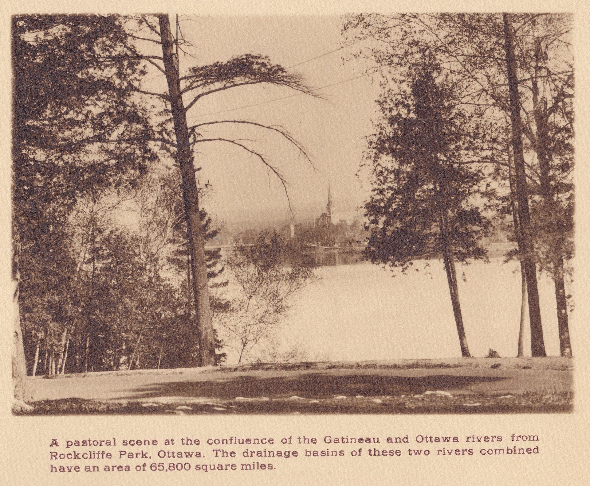A pastoral scene at the confluence of the Gatineau and Ottawa rivers from Rockcliffe Park, Ottawa. The drainage basins of these two rivers combined have an area of 65,800 square miles.