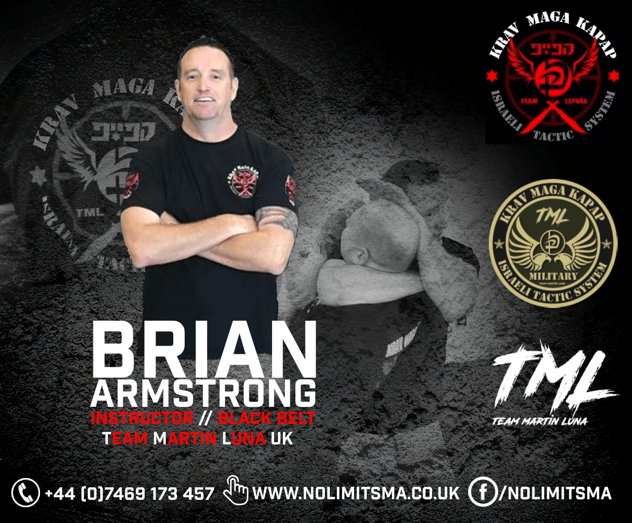 Brian Armstrong (pictured) is a Krav Maga Kapap Black Belt under International Master, Martin Luna Brian Armstrong (pictured) is a Krav Maga Kapap Black Belt under International Master, Martin Luna. This image shows that information alongside the Krav Maga and Team Martin Luna emblem.