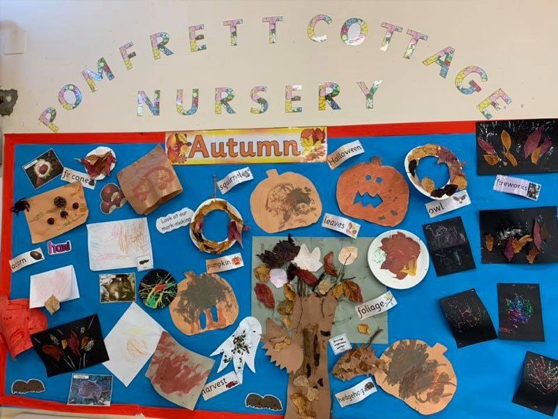 An autumn themed display on a wall with children's artwork