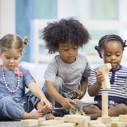 A multi-ethnic group of toddlers are sitting together on the floor holding playing with wood blocks together.