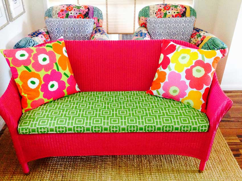 red and green floral sofa