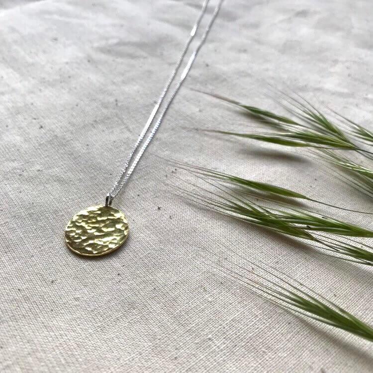 A brass pendant necklace is sitting on a table next to a plant.