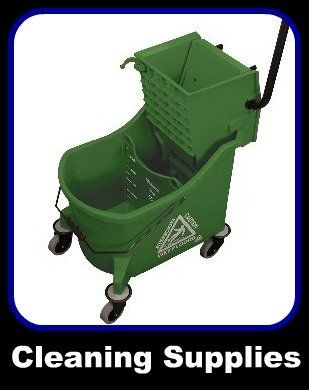 A green mop bucket with wheels and the words cleaning supplies below it.