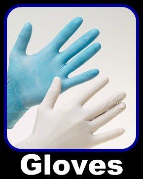 Blue and white gloves with the word gloves below them