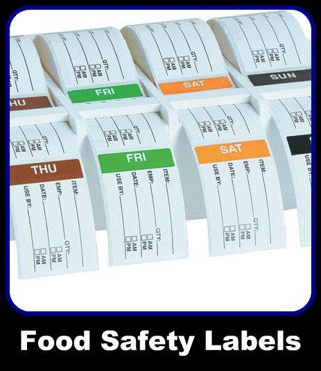 A bunch of food safety labels are lined up in a row