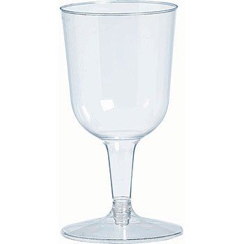 A clear plastic wine glass on a white background.