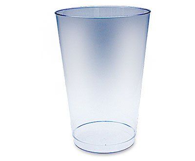A clear plastic cup on a white background