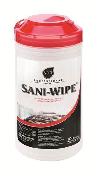 A bottle of sanit wipes with a red lid on a white background.