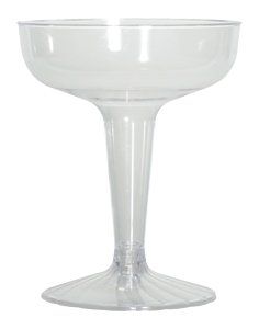 A clear plastic champagne glass on a white background.
