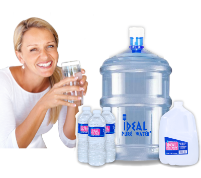 woman with ideal pure water water bottles