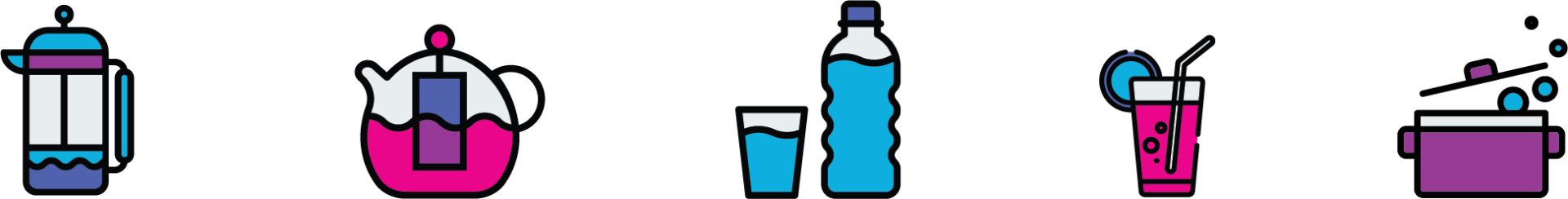 water, coffee and pot icons