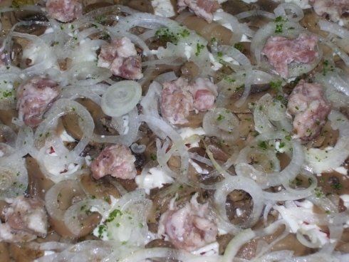 farcitura della pizza con cipolle e carne