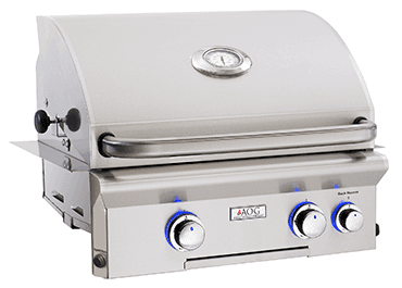 A stainless steel grill with blue knobs on a white background.