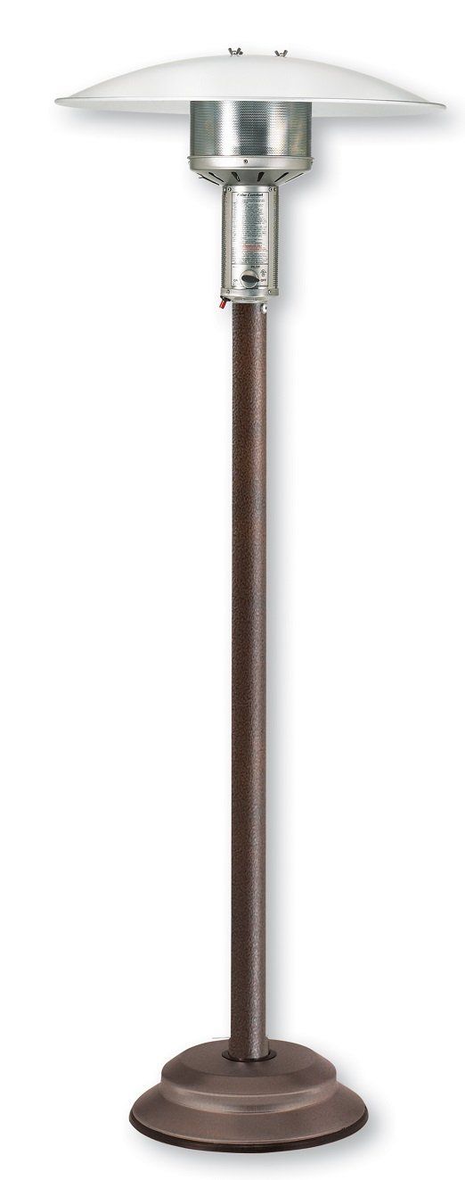 A patio heater with a wooden base on a white background.
