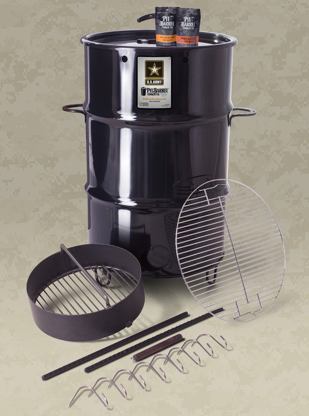 A black barrel with the word army on it