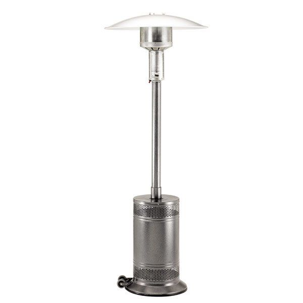 A stainless steel patio heater on a white background.
