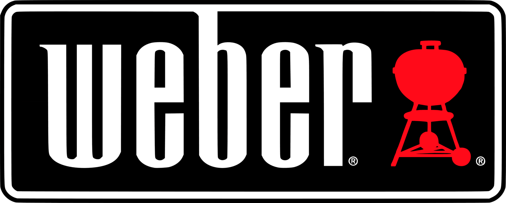 A weber grill logo with a red grill on a black background.