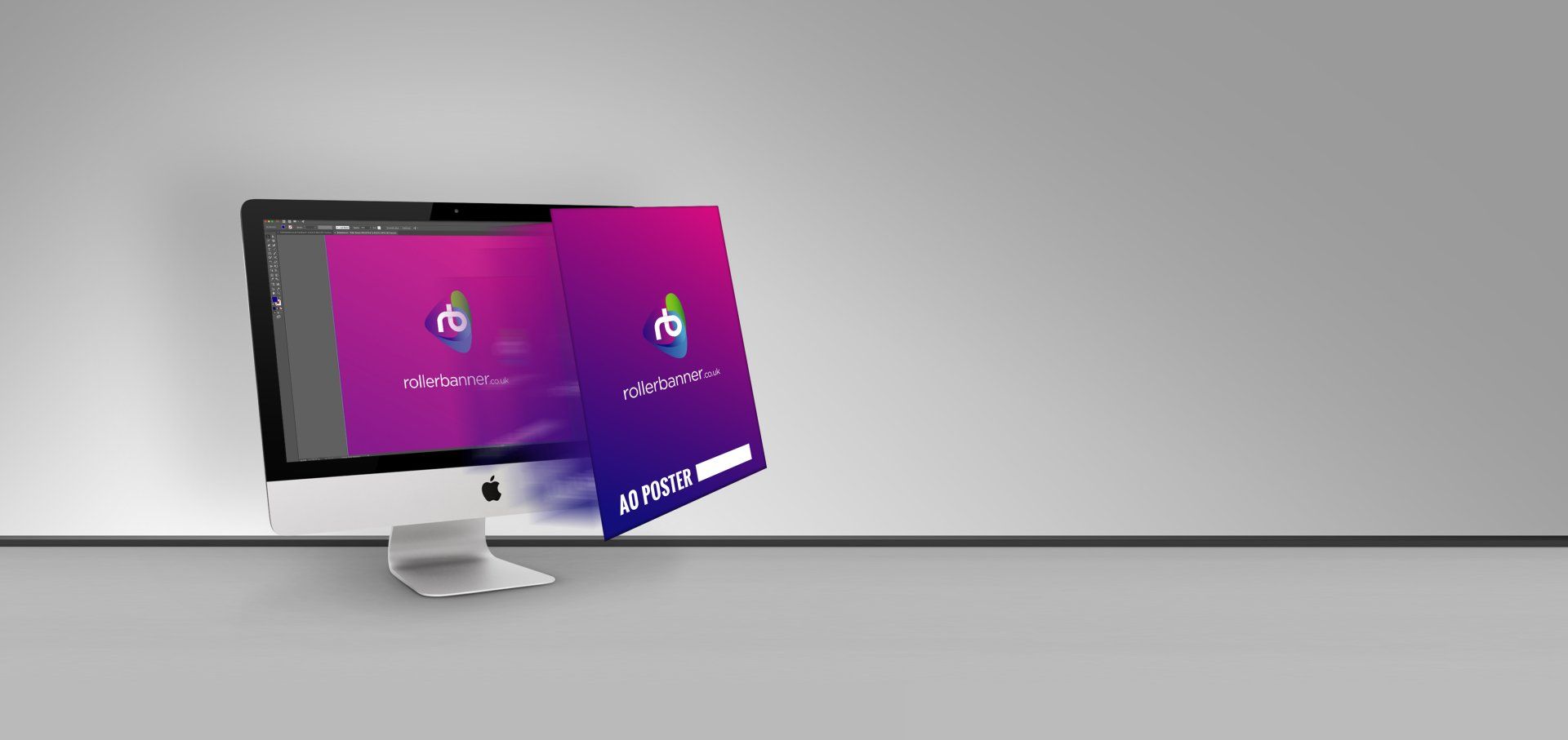 a computer monitor with a purple screen is sitting on a table .
