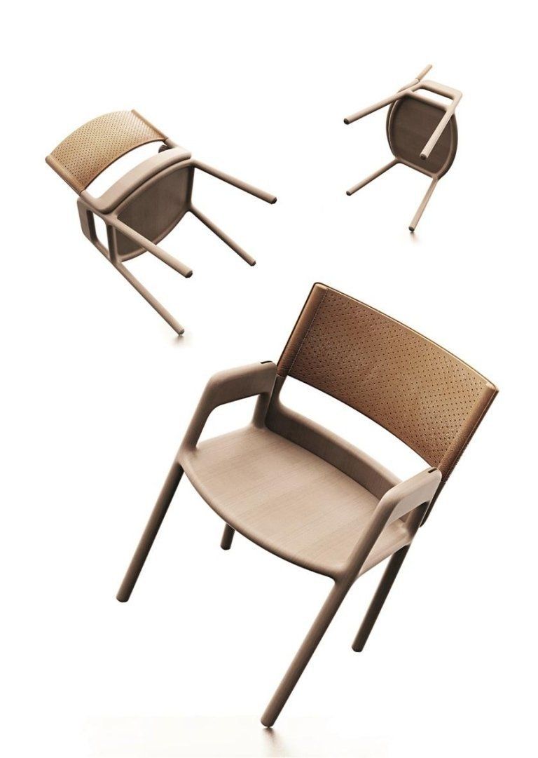 Tre viste di una moderna sedia intrecciata color cuoio con gambe e braccioli in legno.