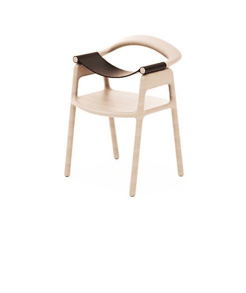 Sedia in legno chiaro con cinghia di seduta nera e schienale curvo beige su sfondo bianco.