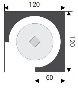Schéma d'une structure grise en forme d'angle avec une découpe circulaire. Dimensions indiquées : 120, 120, 60.