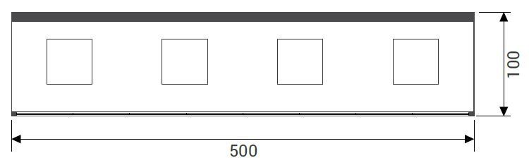 Schéma d'un panneau rectangulaire avec quatre découpes carrées, dimensions 500 x 100.