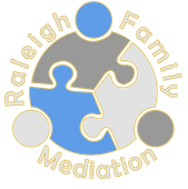 A logo for raleigh family mediation with puzzle pieces in a circle.