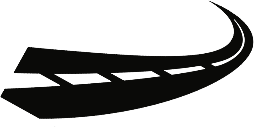 Black curved road with lane lines, arcing upwards.