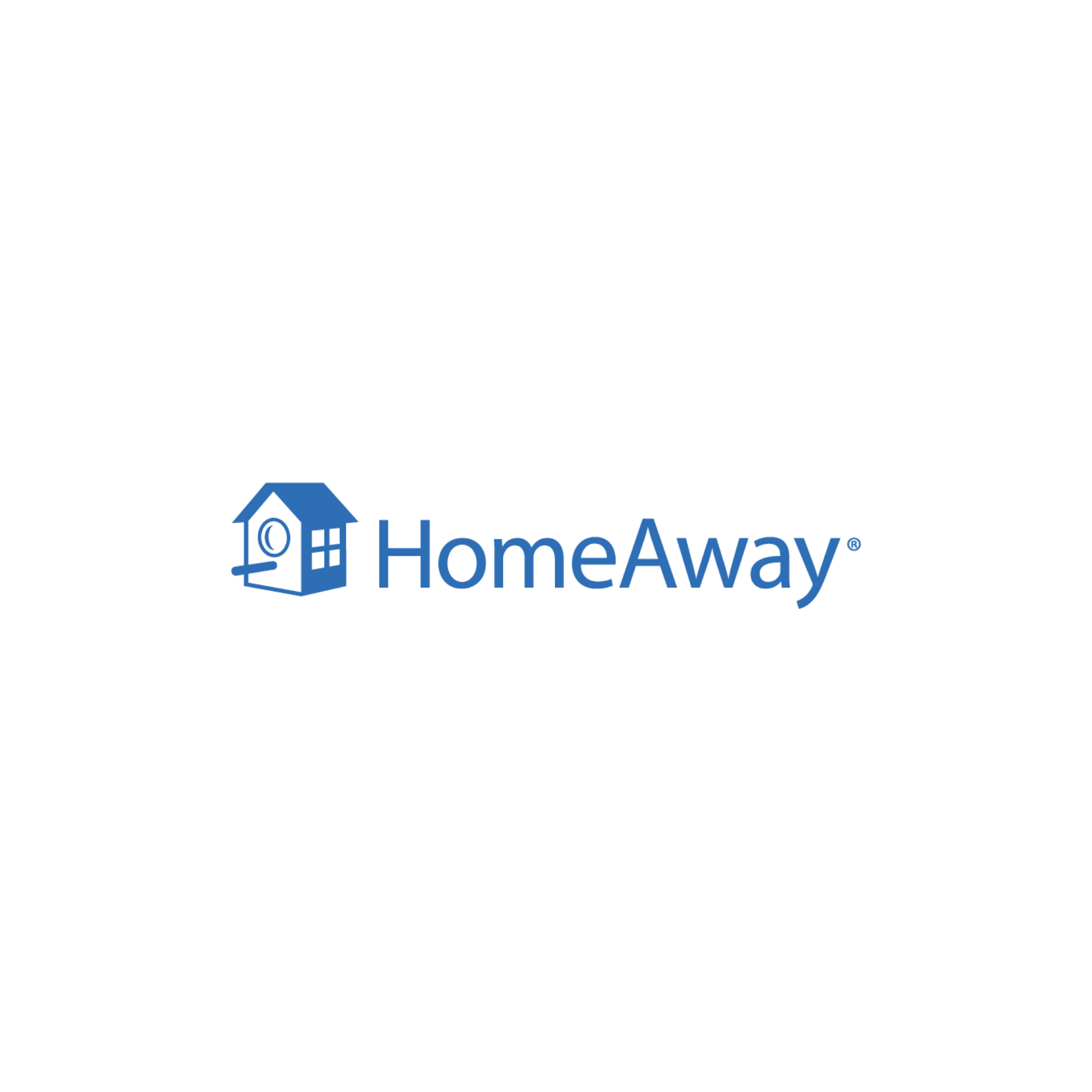 The homeaway logo is blue and has a house on it.