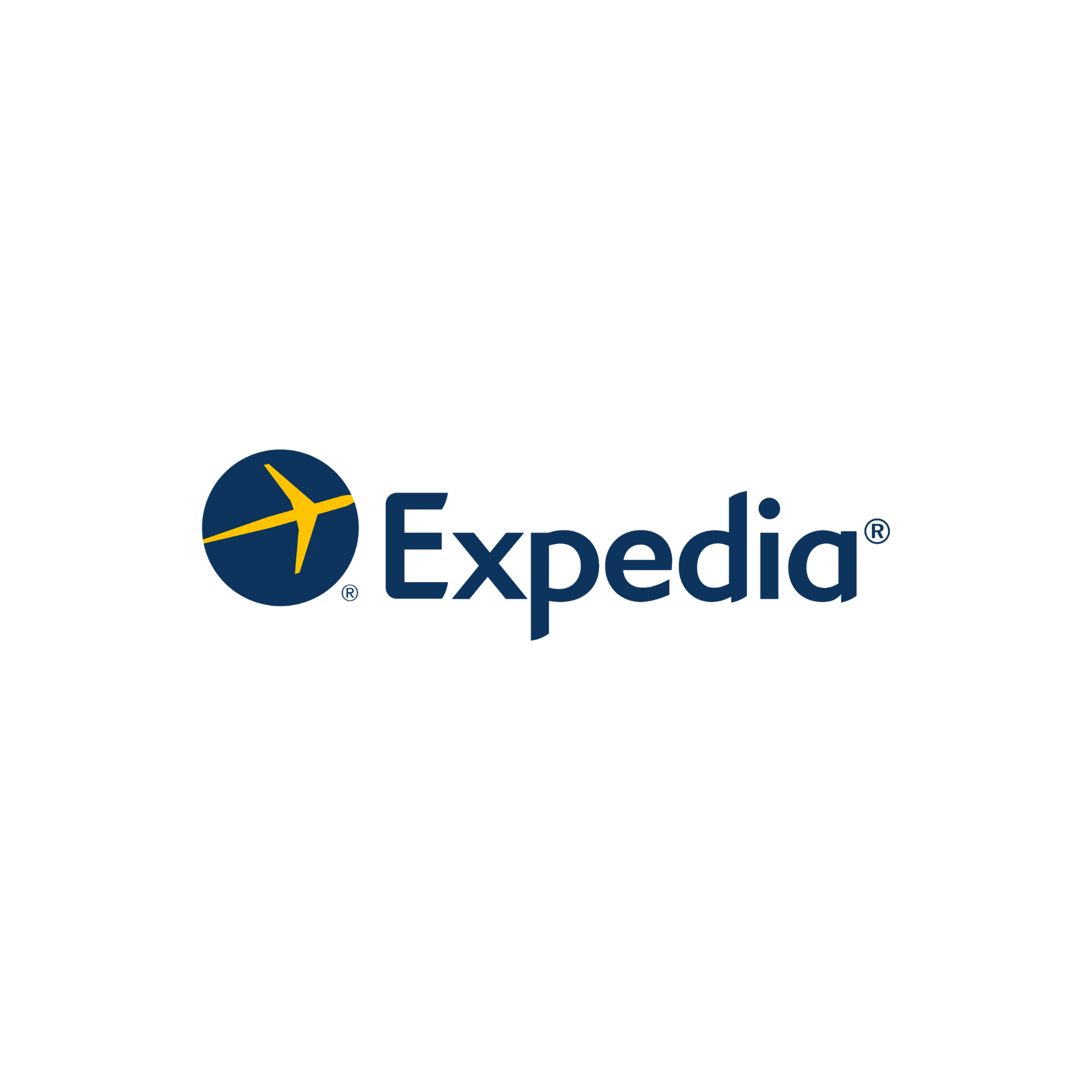 The expedia logo is blue and yellow with an airplane in the middle.