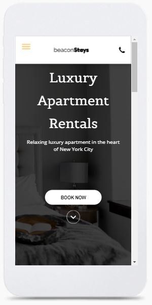 A phone screen shows a website for luxury apartment rentals