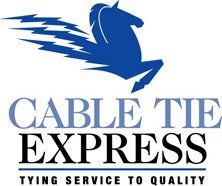 The logo for cable tie express is a blue horse with lightning bolts.