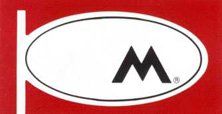 A white oval with a black letter m inside of it on a red background.