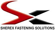 A red and black logo for sherex fastening solutions.