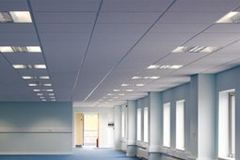 Acoustic Ceilings Office interior with a drop ceiling, fluorescent lights, and blue walls and carpet.