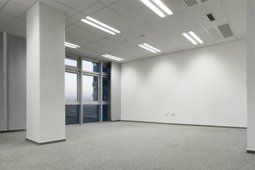 Empty office space with large windows and white walls, gray carpet, and fluorescent lights.