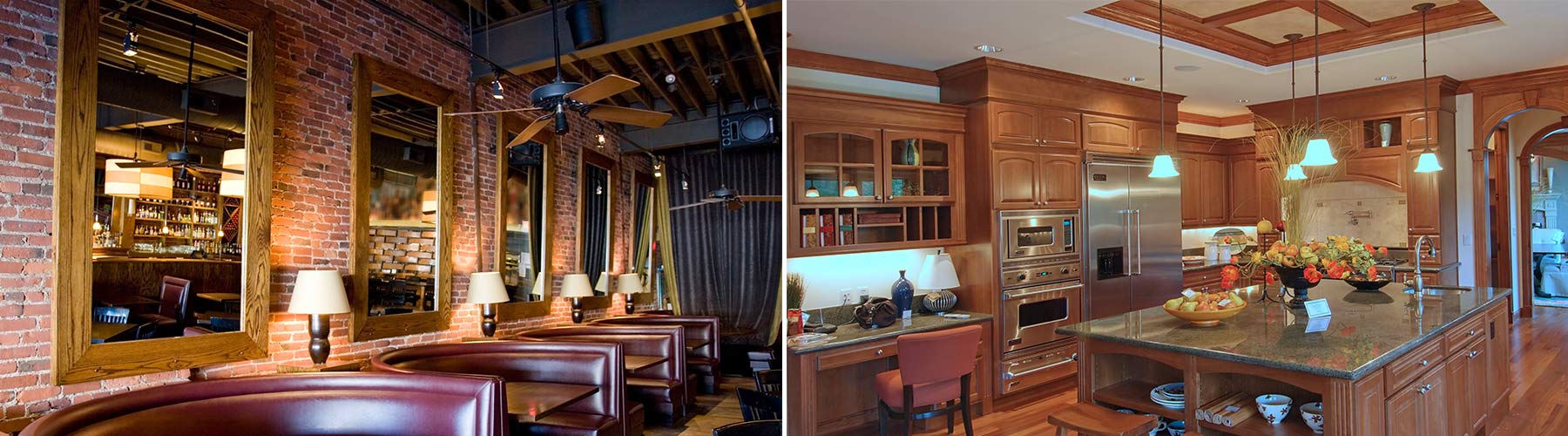 Two interior shots: a restaurant/bar with mirrors and booths, and a kitchen with wooden cabinets.
