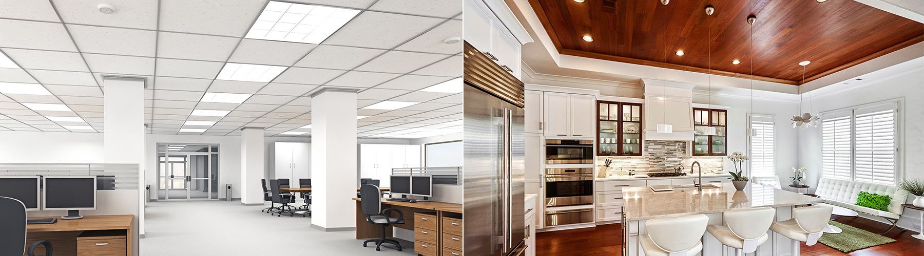 Office space with fluorescent lighting, contrasted with a kitchen featuring a wood ceiling and bright interior.