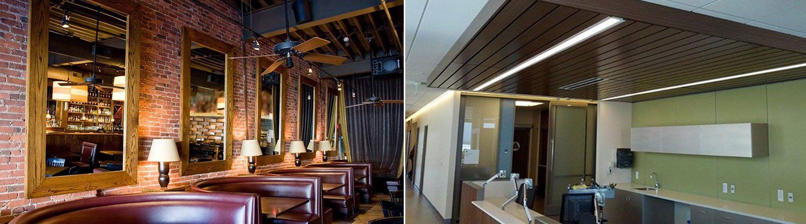 Two interiors: a dimly lit bar area with red leather booths and a modern room with a green wall.