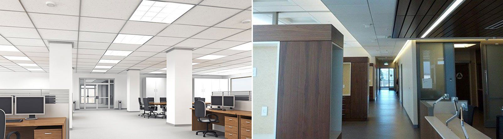 Two office spaces: one with white ceilings and cubicles, the other a dark hallway with glass doors and a decorative ceiling.