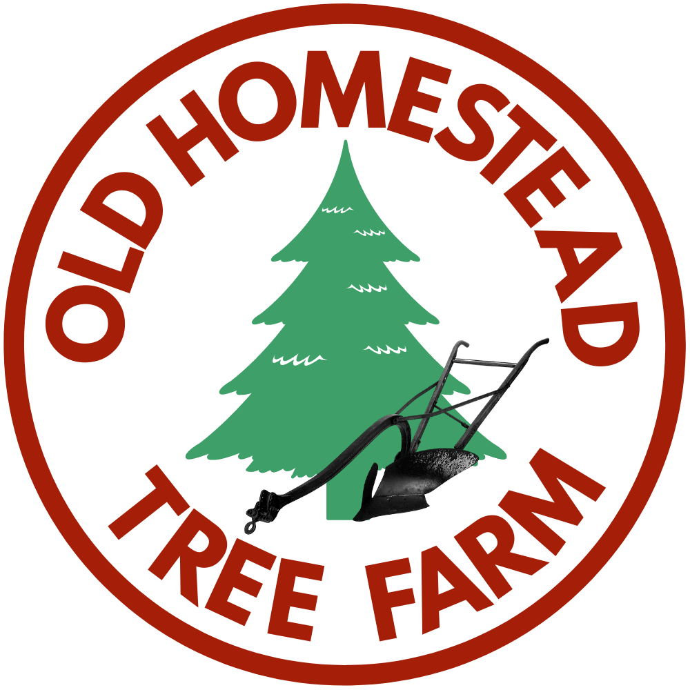 An old homestead tree farm logo with a tree and plow